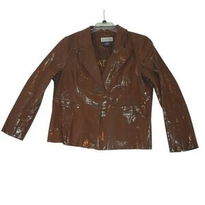 Rare Bradley Bayou Brown Croc-Embossed  Shiny‎ Genuine Leather Blazer Jacket XL